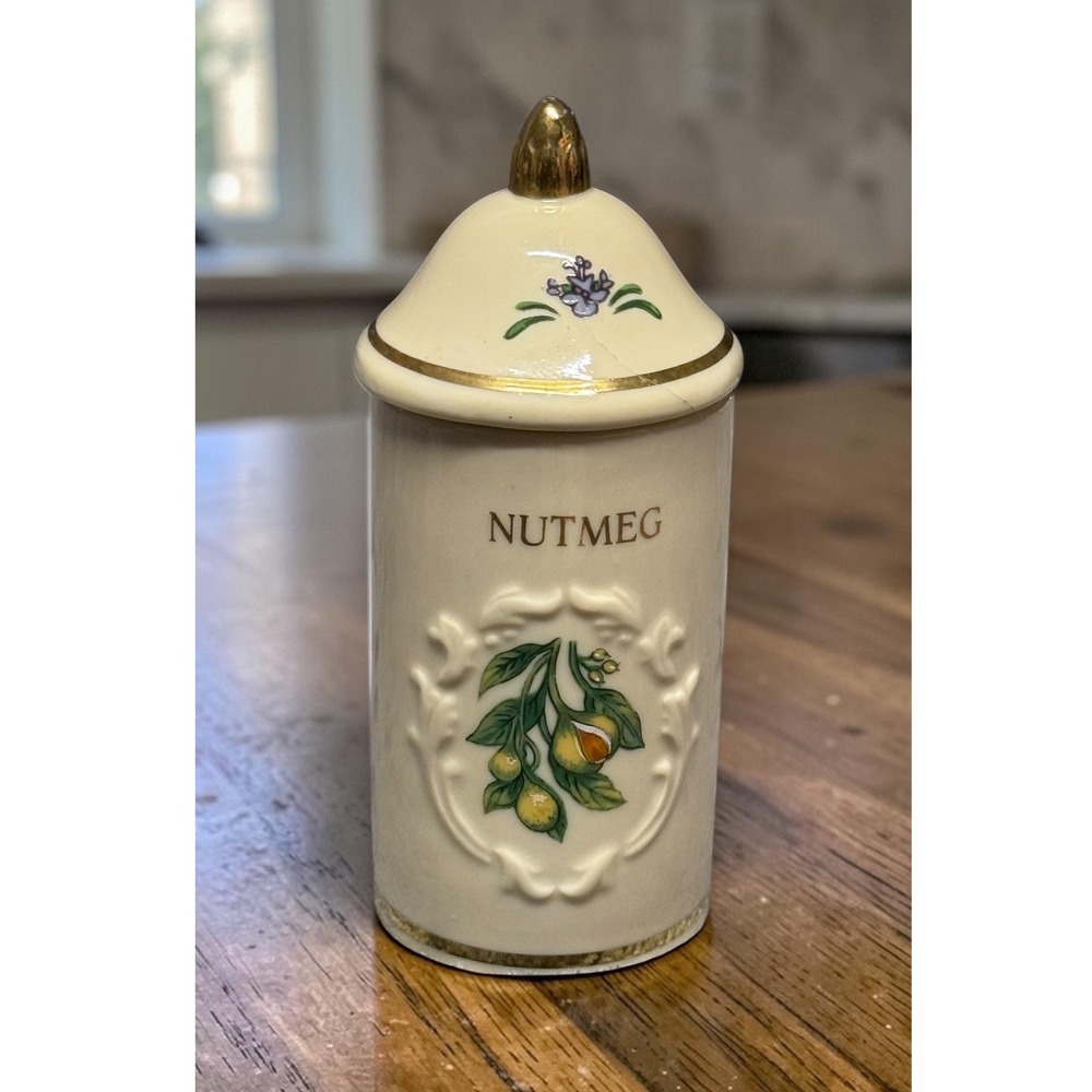 Lenox Spice Garden NUTMEG Jar Fine Porcelain 1992 Gold Trim Botanical 4" *READ
